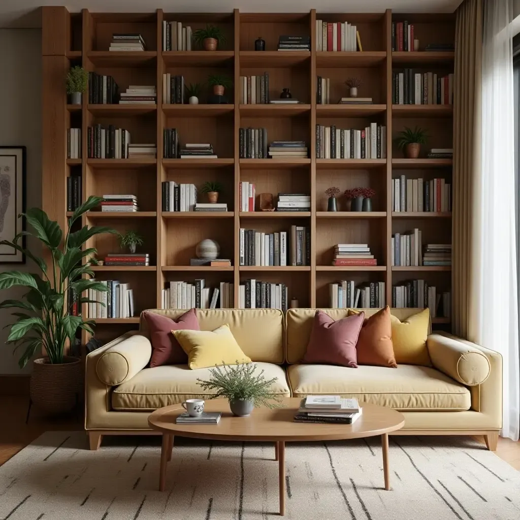 a photo of a cozy space with a creative bookshelf arrangement