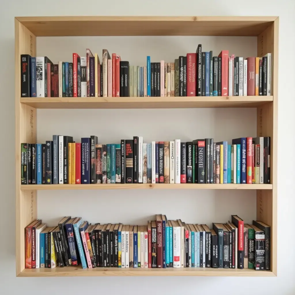 a photo of a chic DIY bookshelf filled with colorful books