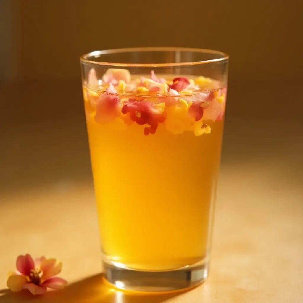 a photo of a glass of Osmanthus honey drink, with golden hues and floating osmanthus flowers.