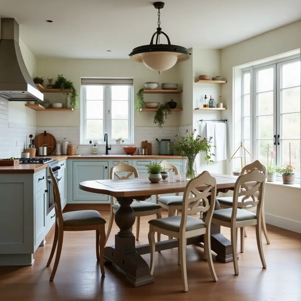 a photo of a kitchen featuring a vintage farmhouse table and chairs