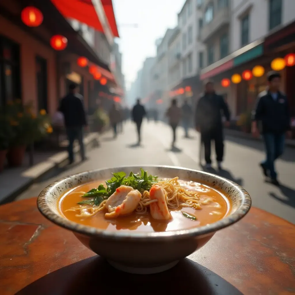 a photo of a steaming bowl of bun rieu crab noodle soup on a busy street.