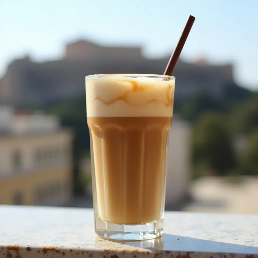 a photo of a frothy glass of frappé coffee, with a straw and a view of the Acropolis in the background.