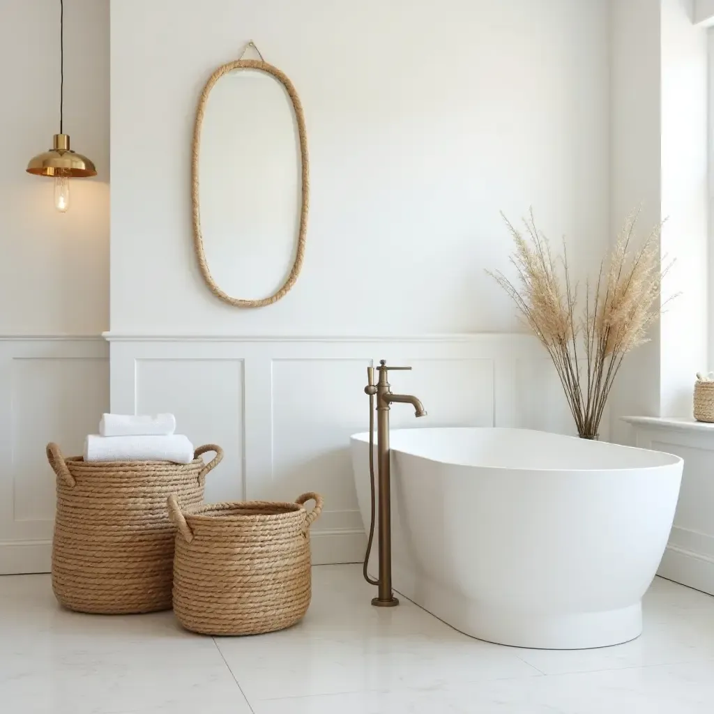 a photo of a chic bathroom featuring woven baskets for organization