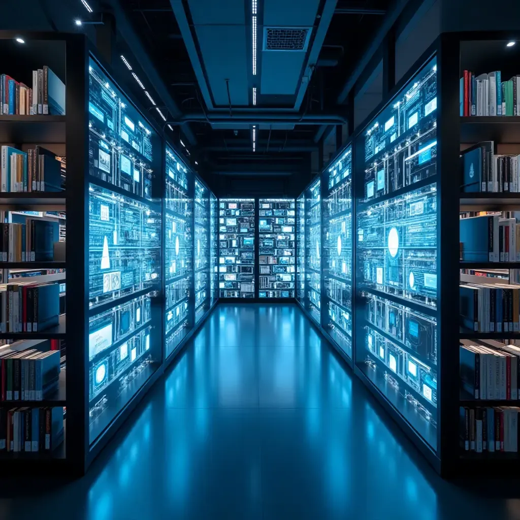 a photo of a futuristic library with interactive digital displays