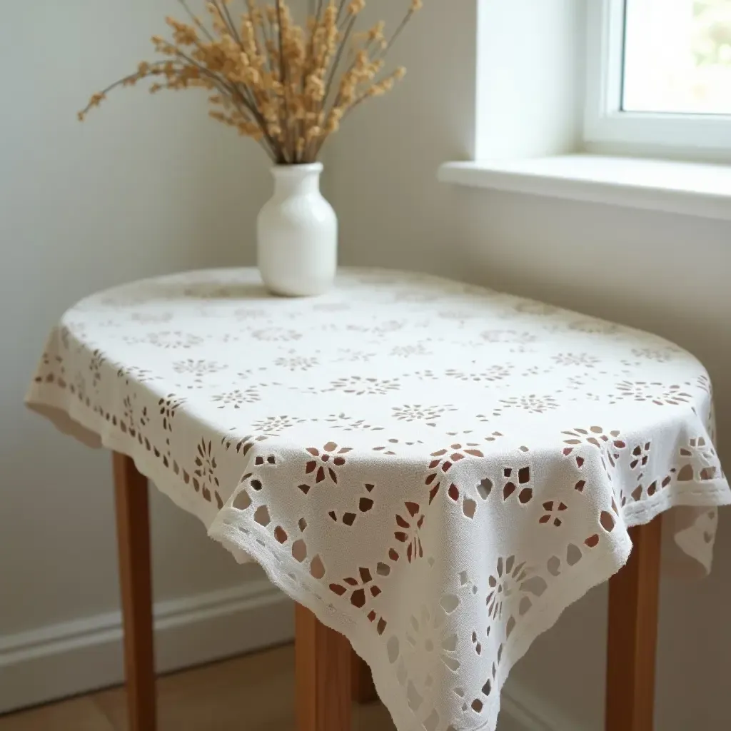 a photo of a delicate lace tablecloth on a bathroom table