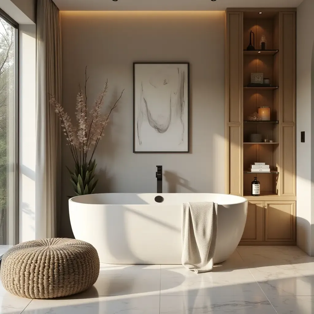 a photo of a bathroom with a cozy seating area and decor