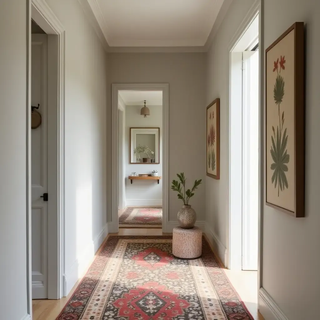 a photo of a hallway featuring a bold, geometric rug