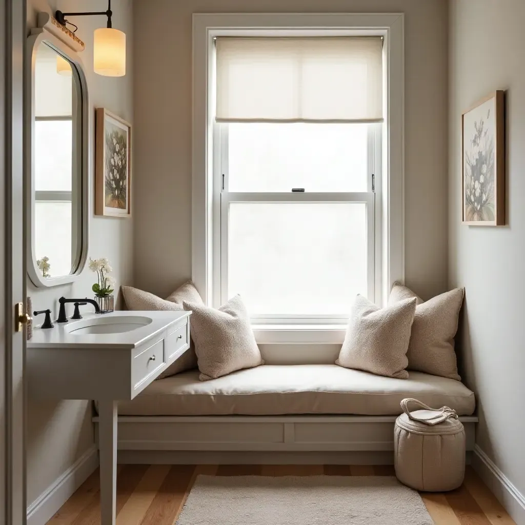 a photo of a cozy vanity nook with a window seat and plush cushions