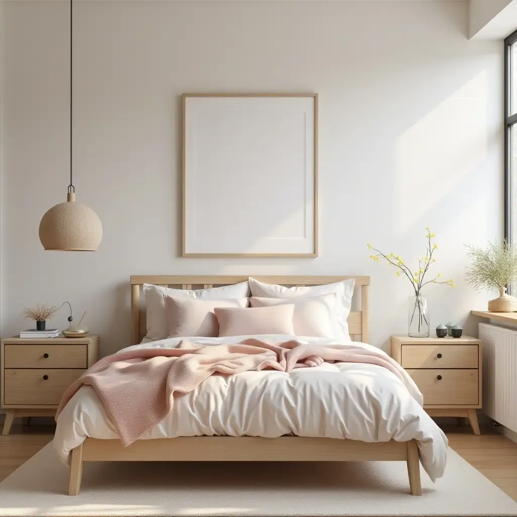 a photo of a cozy Scandinavian bedroom featuring light wood furniture and pastel accents