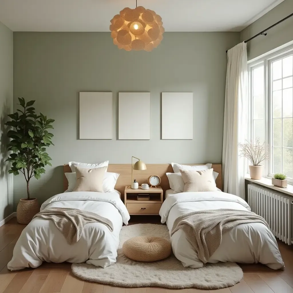 a photo of a shared bedroom with a calming color scheme and nature-inspired decor