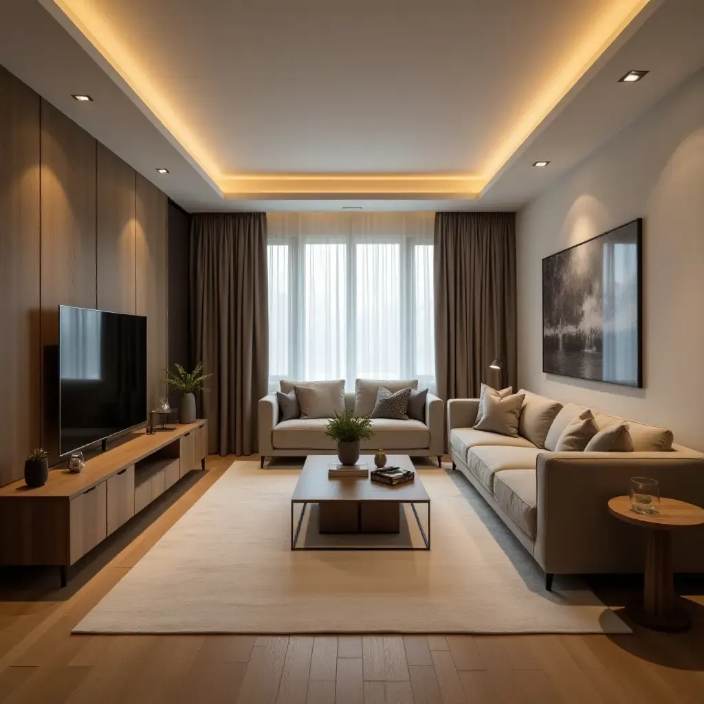 a photo of a small living room with dimmable recessed lighting