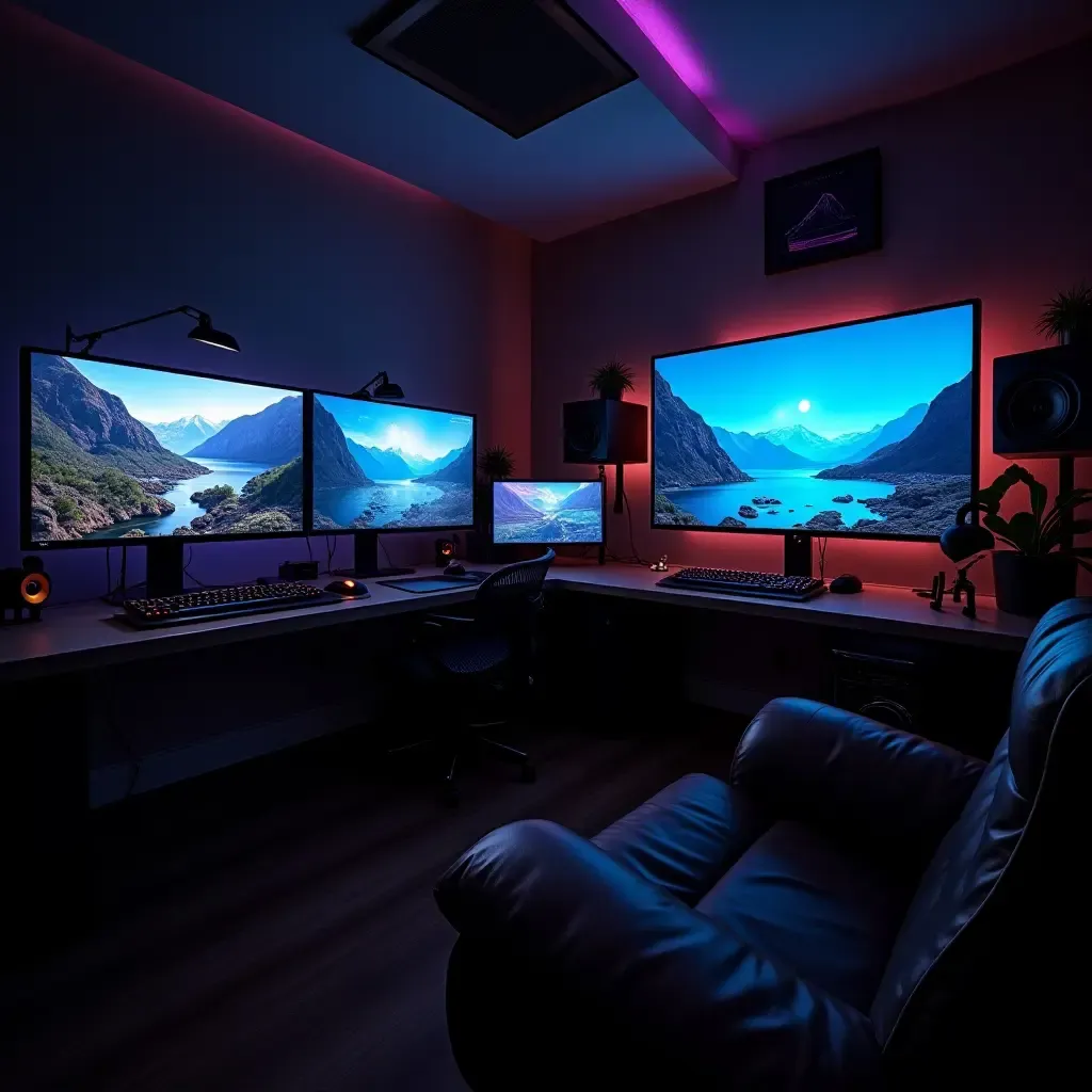 a photo of a basement gaming setup with multiple screens and comfortable seating