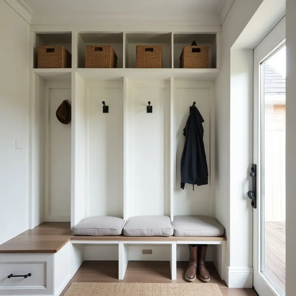 a photo of a modern mudroom with built-in seating and storage compartments