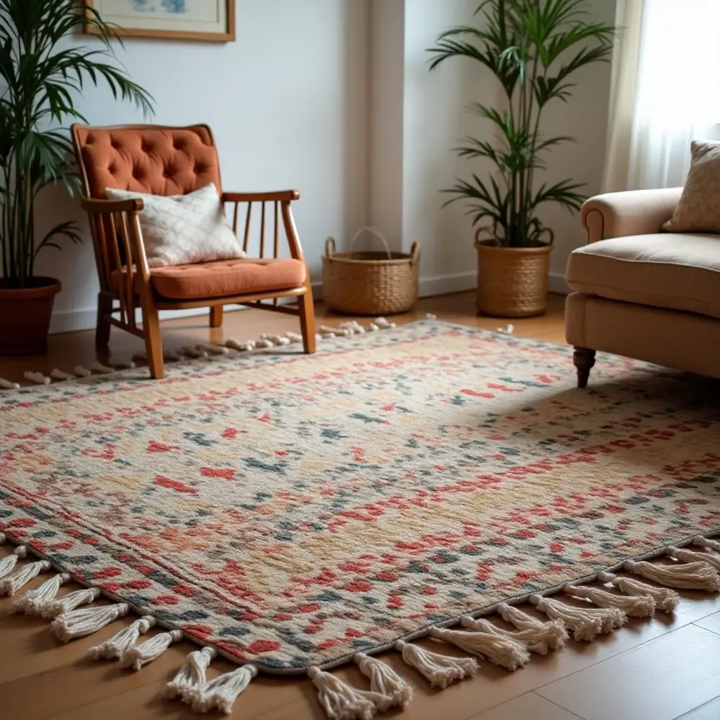 a photo of a handwoven rug with a bohemian flair in a relaxed area