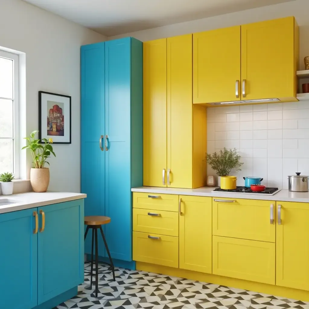 a photo of electric blue and sunny yellow cabinets in a playful kitchen