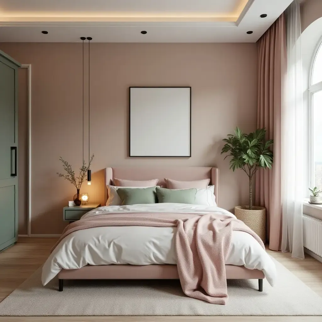 a photo of a modern bedroom with dusty pink and green accents