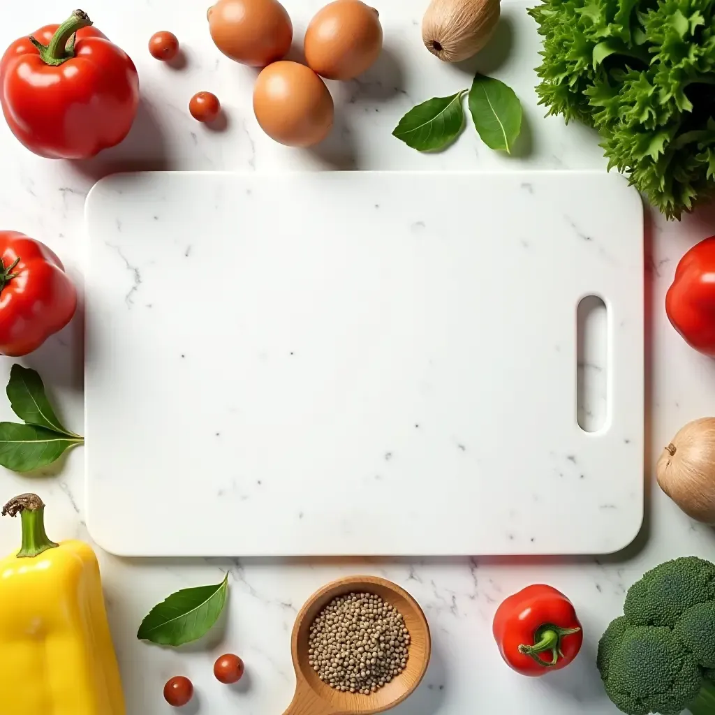 a photo of a marble cutting board surrounded by fresh ingredients