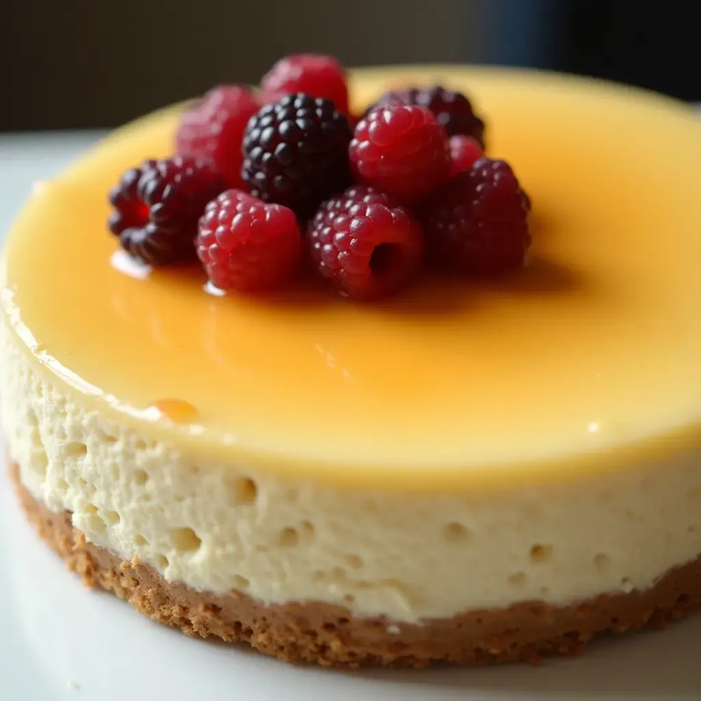 a photo of fluffy Japanese cheesecake with a golden top, garnished with fresh berries.