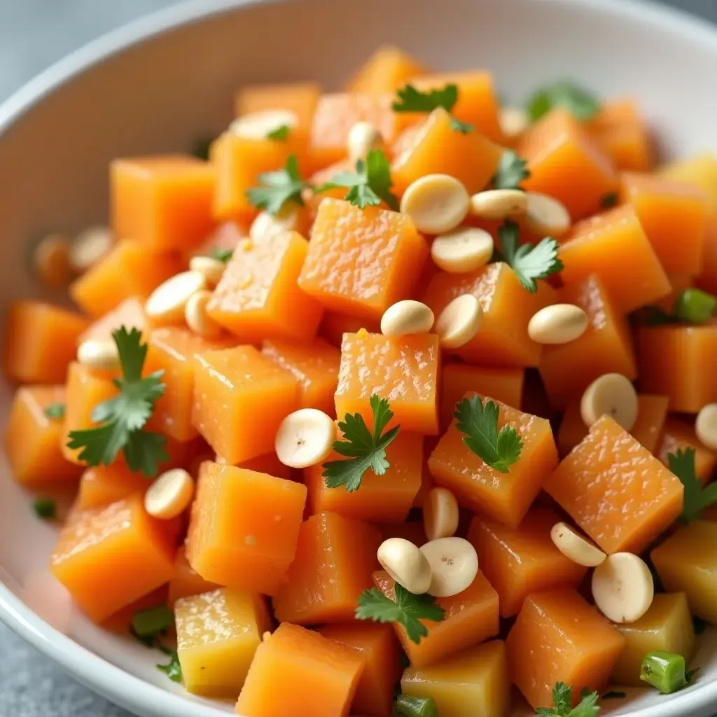 a photo of a colorful Thai papaya salad with peanuts and lime dressing.