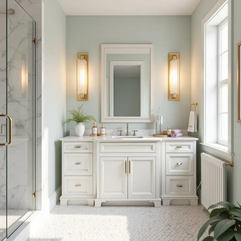 a photo of a bright bathroom with metallic accents and colorful decor