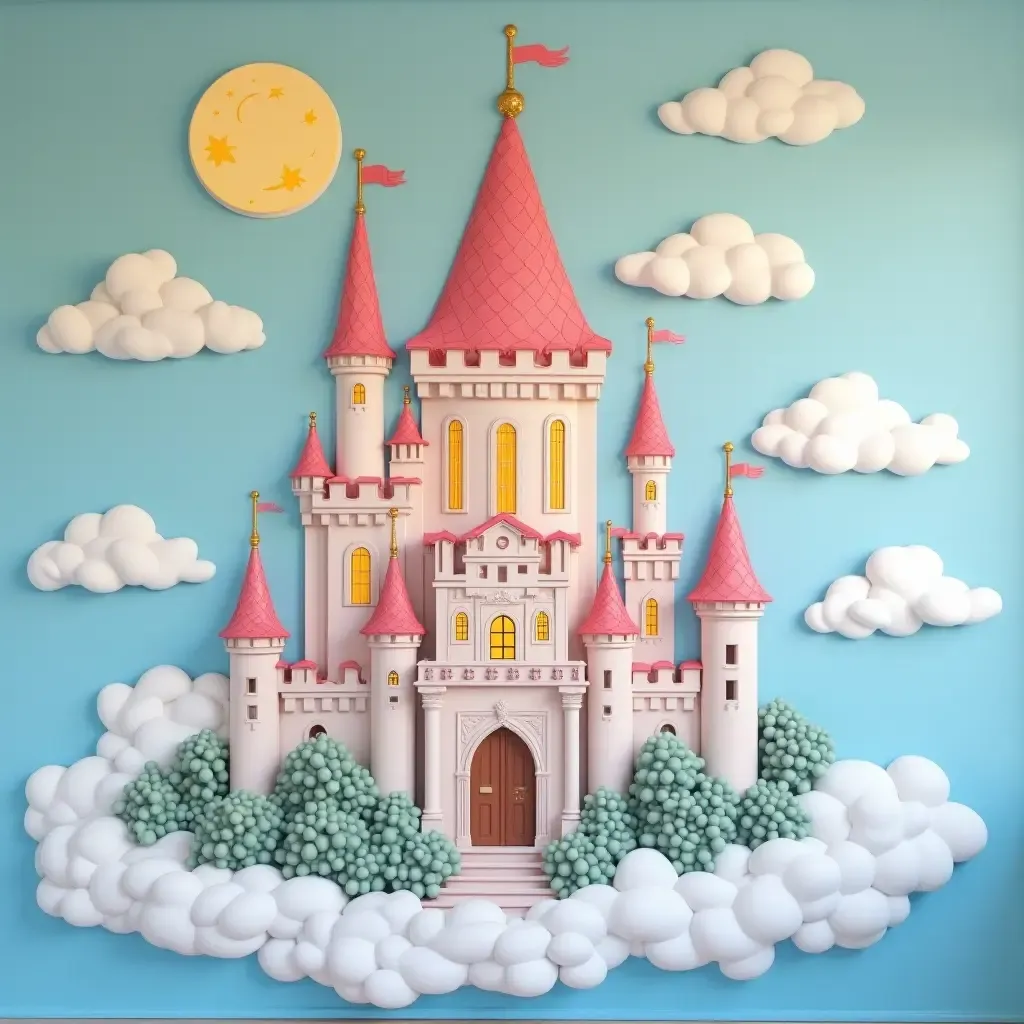 a photo of a dreamy castle mural surrounded by clouds