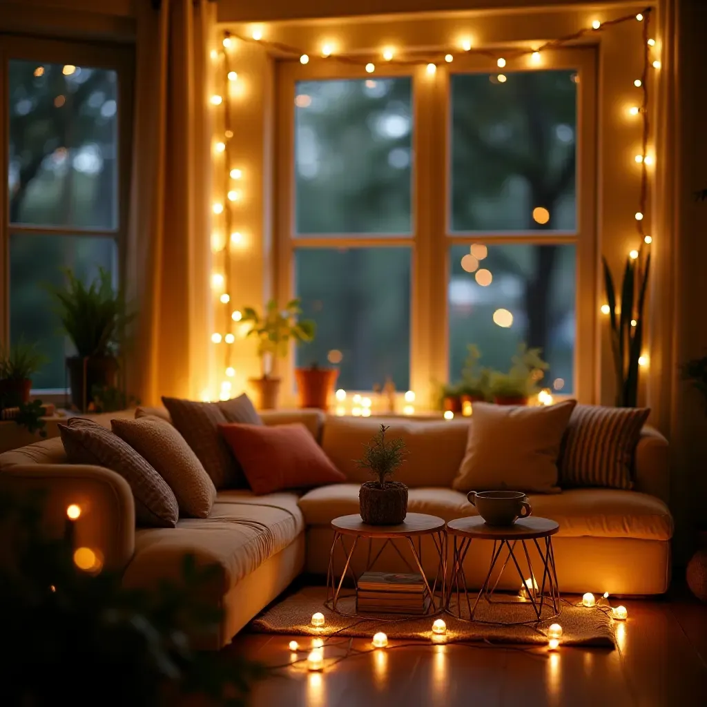 a photo of a small space decorated with fairy lights and natural elements