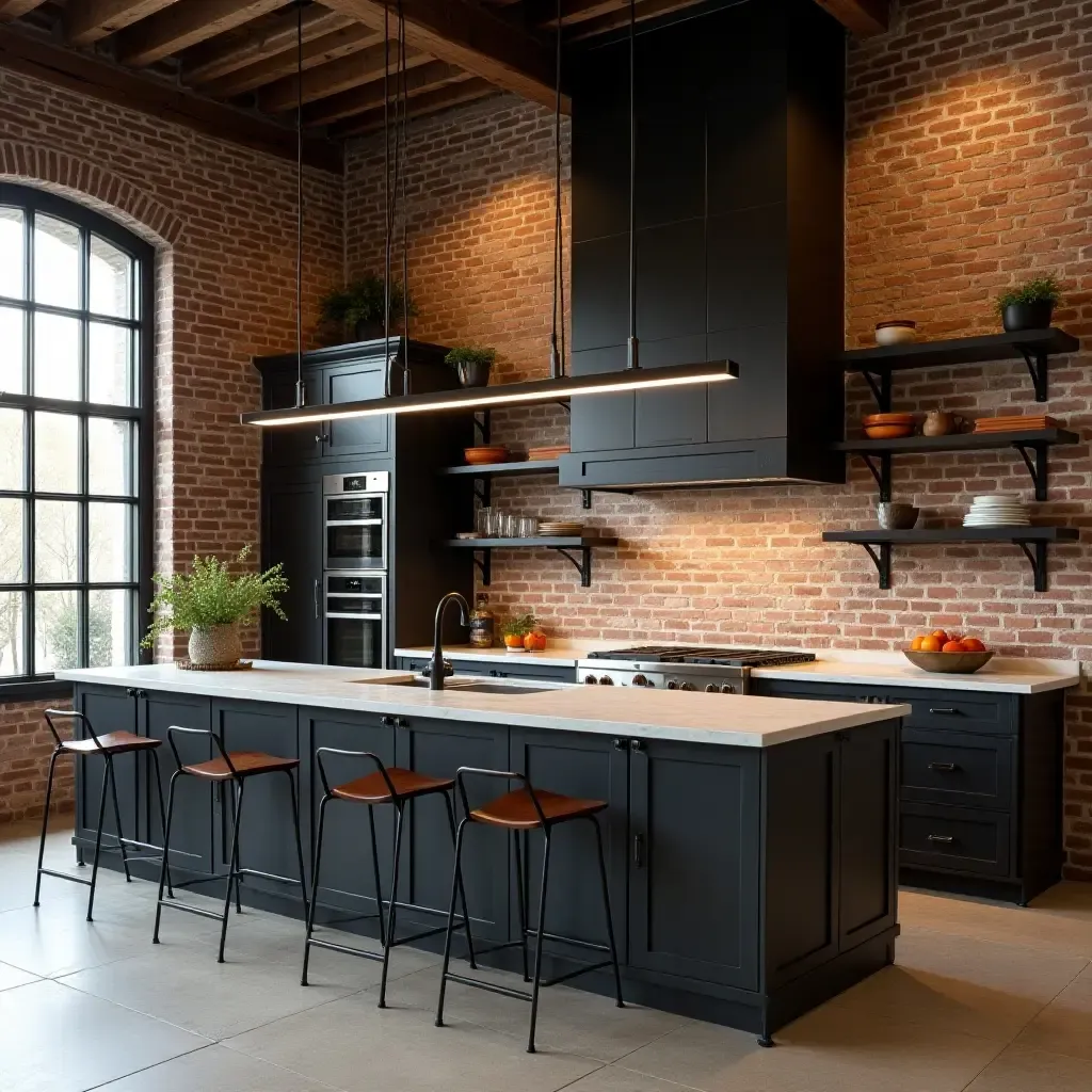 a photo of an industrial-style kitchen with exposed brick and metal accents