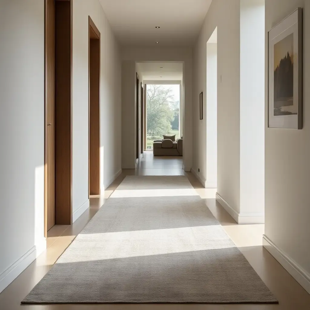 a photo of a sleek, contemporary rug with a linear design in a hallway