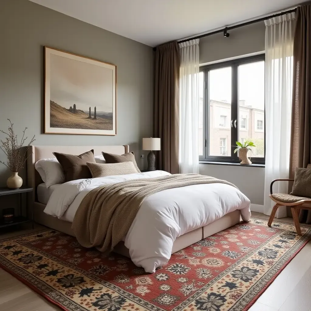 a photo of a stylish rug with cultural motifs in a global-inspired bedroom