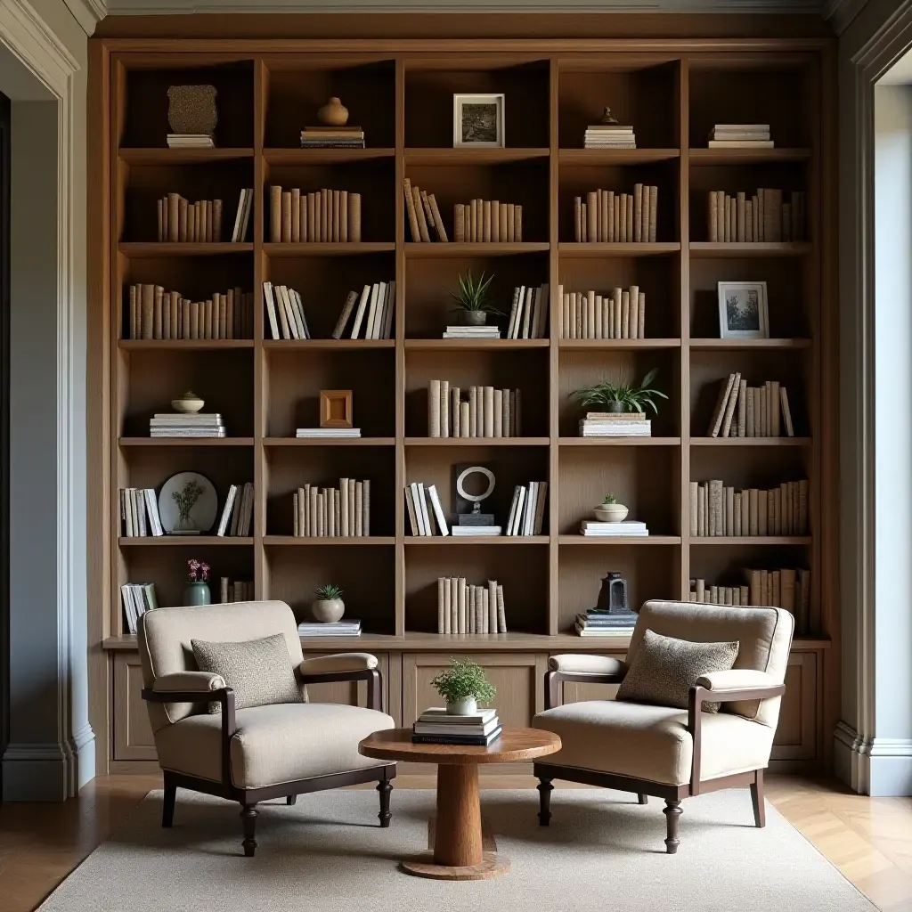 a photo of a home library with reclaimed wood shelves and antique bookends