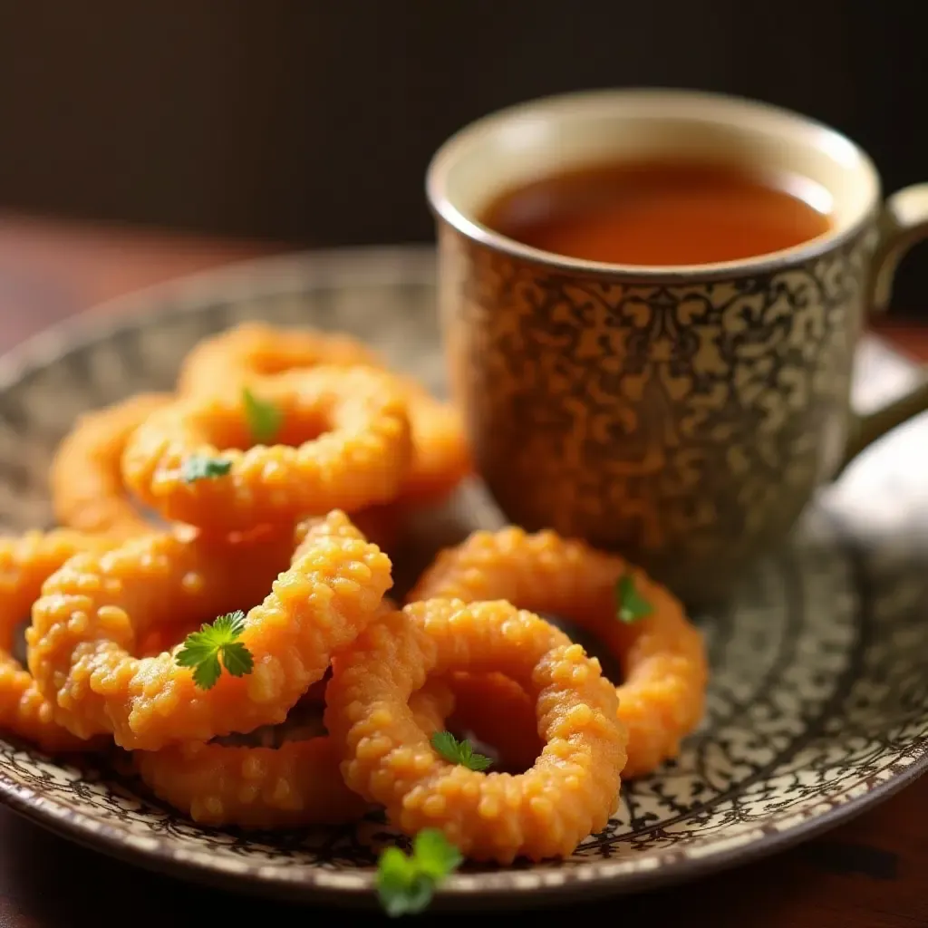 a photo of spicy chakli with a cup of chai, on a traditional Indian plate.