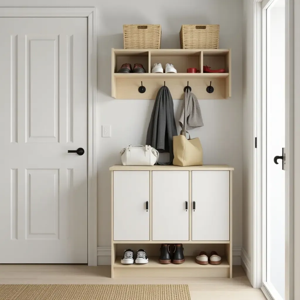 a photo of an organized hallway with a shoe cabinet and wall-mounted hooks