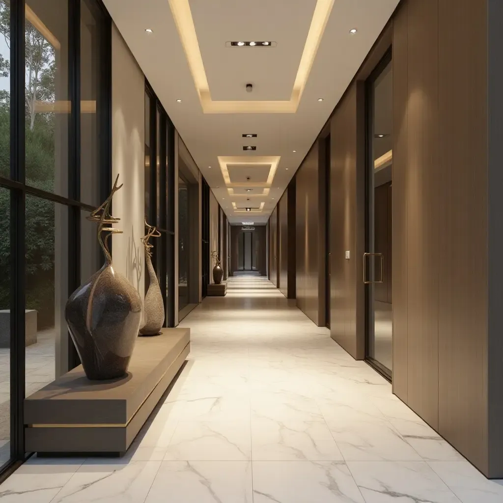 a photo of a chic corridor with a glass wall and modern sculptures