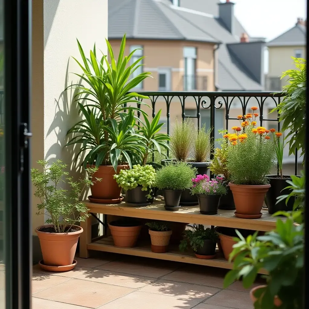 a photo of a balcony garden with organized pots and stylish storage solutions