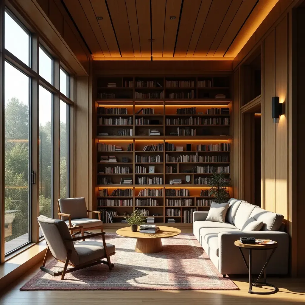 a photo of a library with floor-to-ceiling windows and Scandinavian design elements