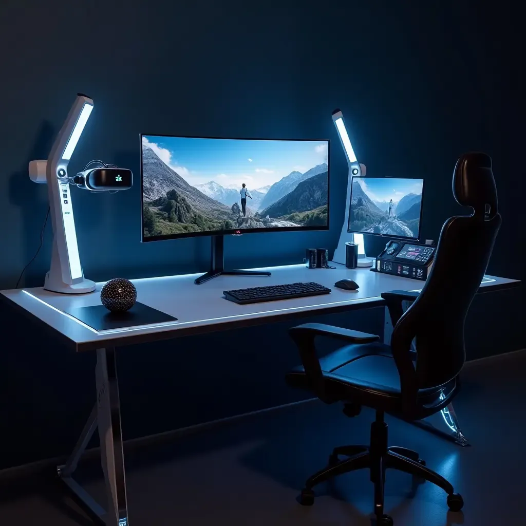 a photo of a futuristic desk with virtual reality setup and high-tech features