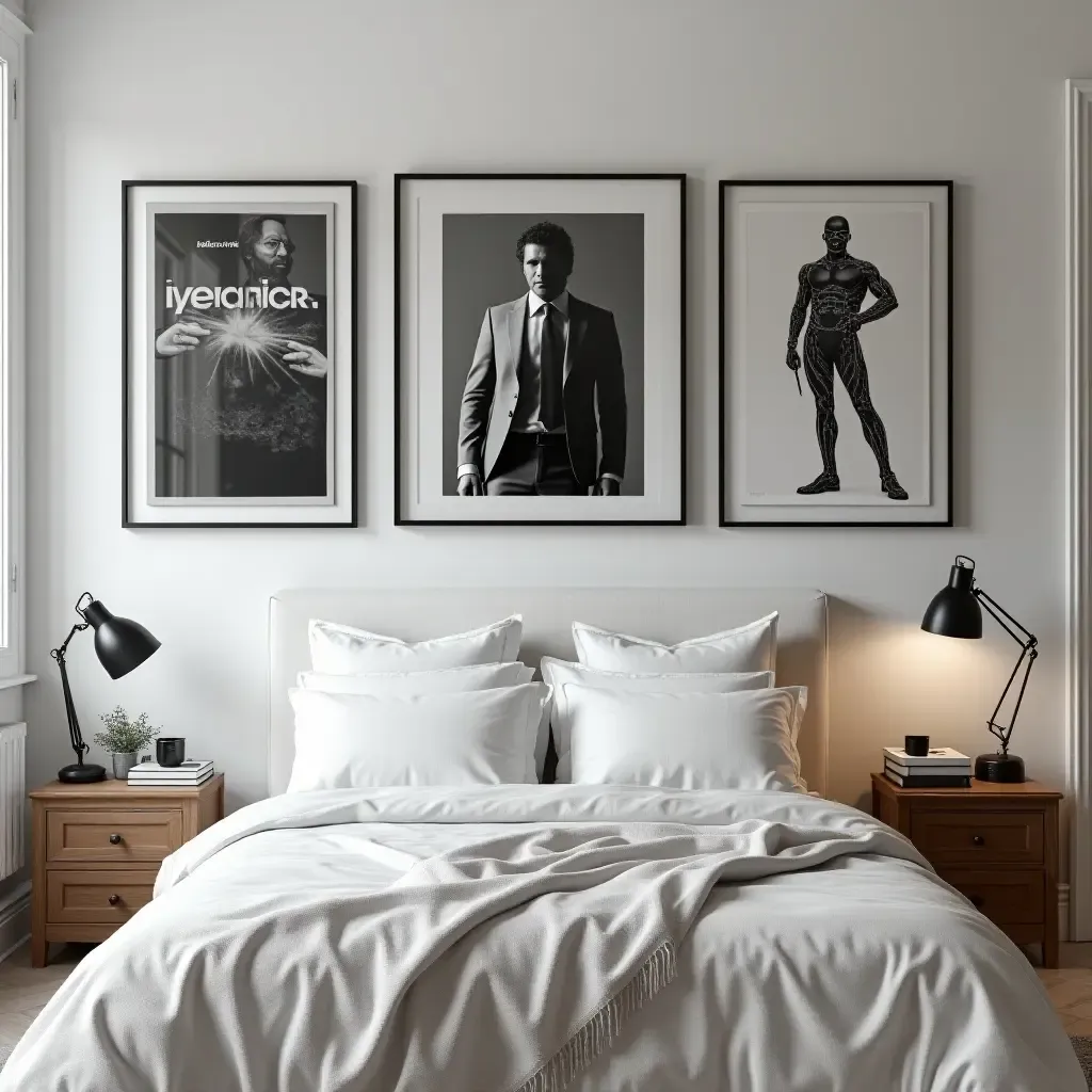 a photo of framed black-and-white movie posters on bedroom walls