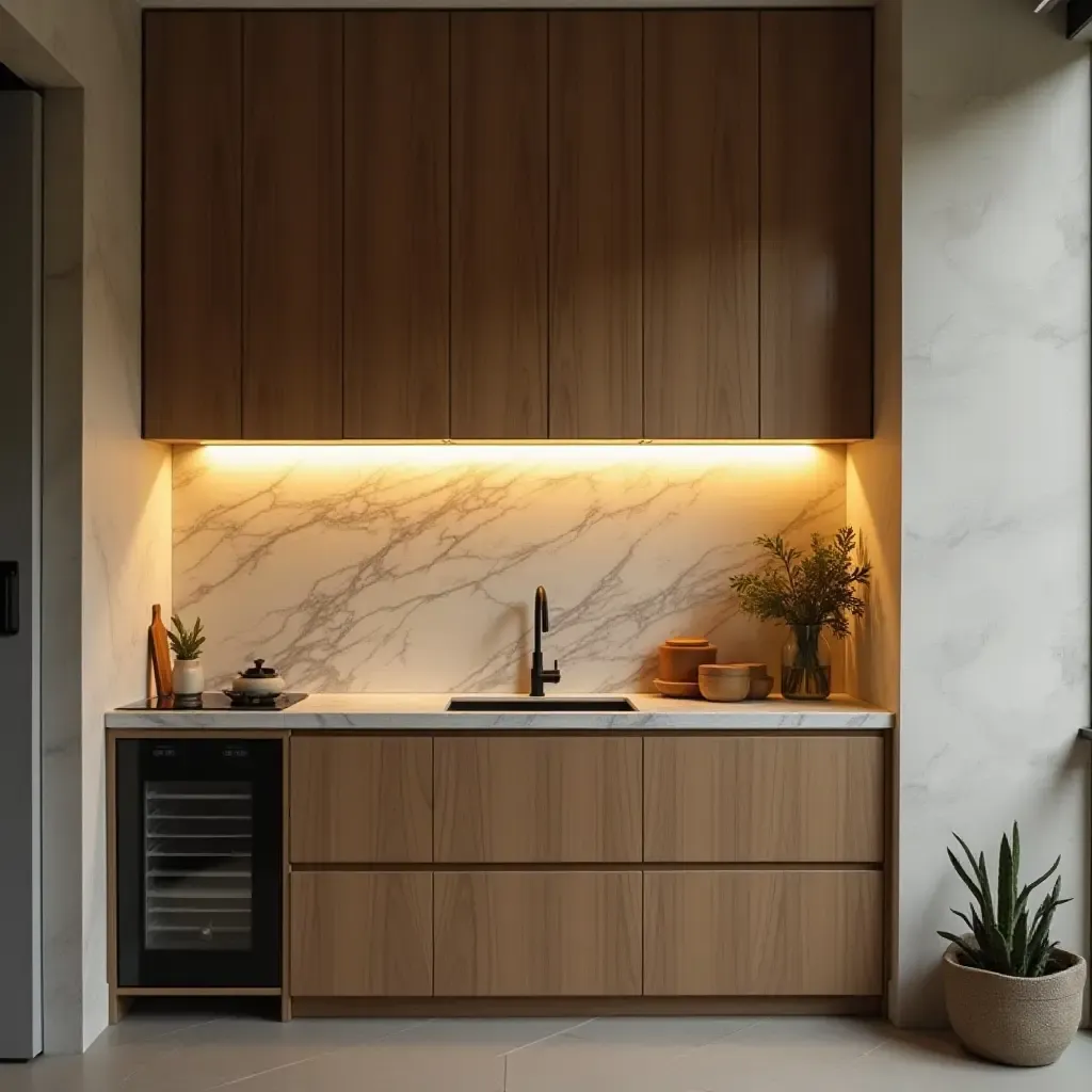 a photo of a small kitchen featuring a unique backsplash and clever lighting