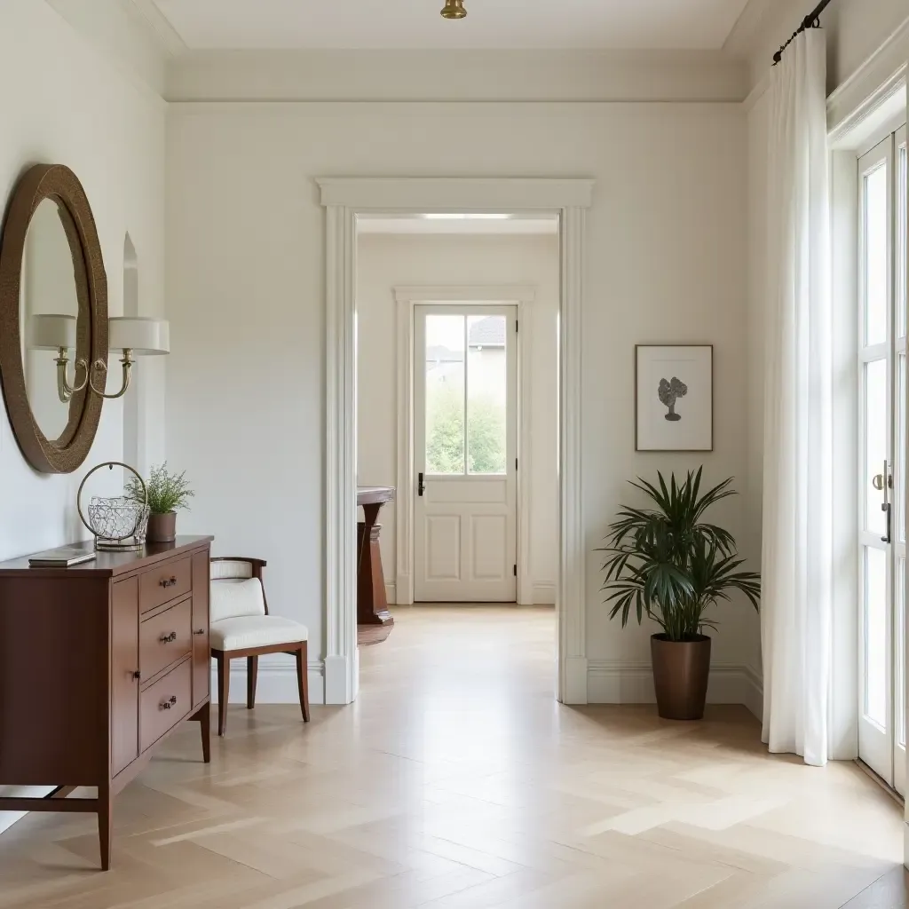 a photo of a chic entryway with designer furniture pieces