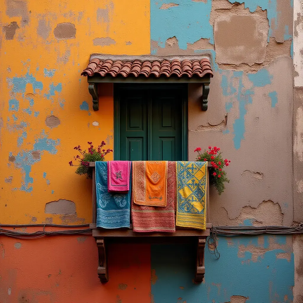 a photo of a balcony showcasing a colorful tapestry as a backdrop