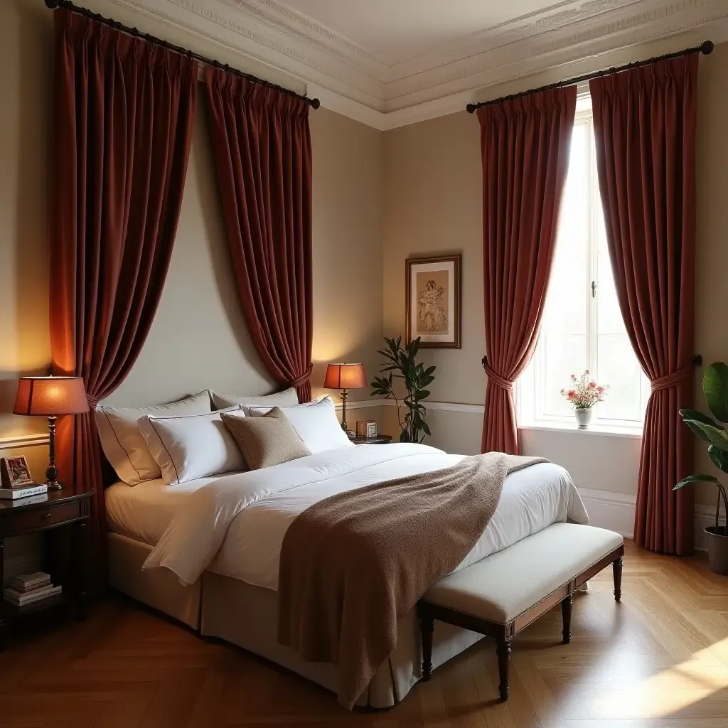 a photo of an elegant bedroom with velvet curtains, oak wood floors, and linen bedding