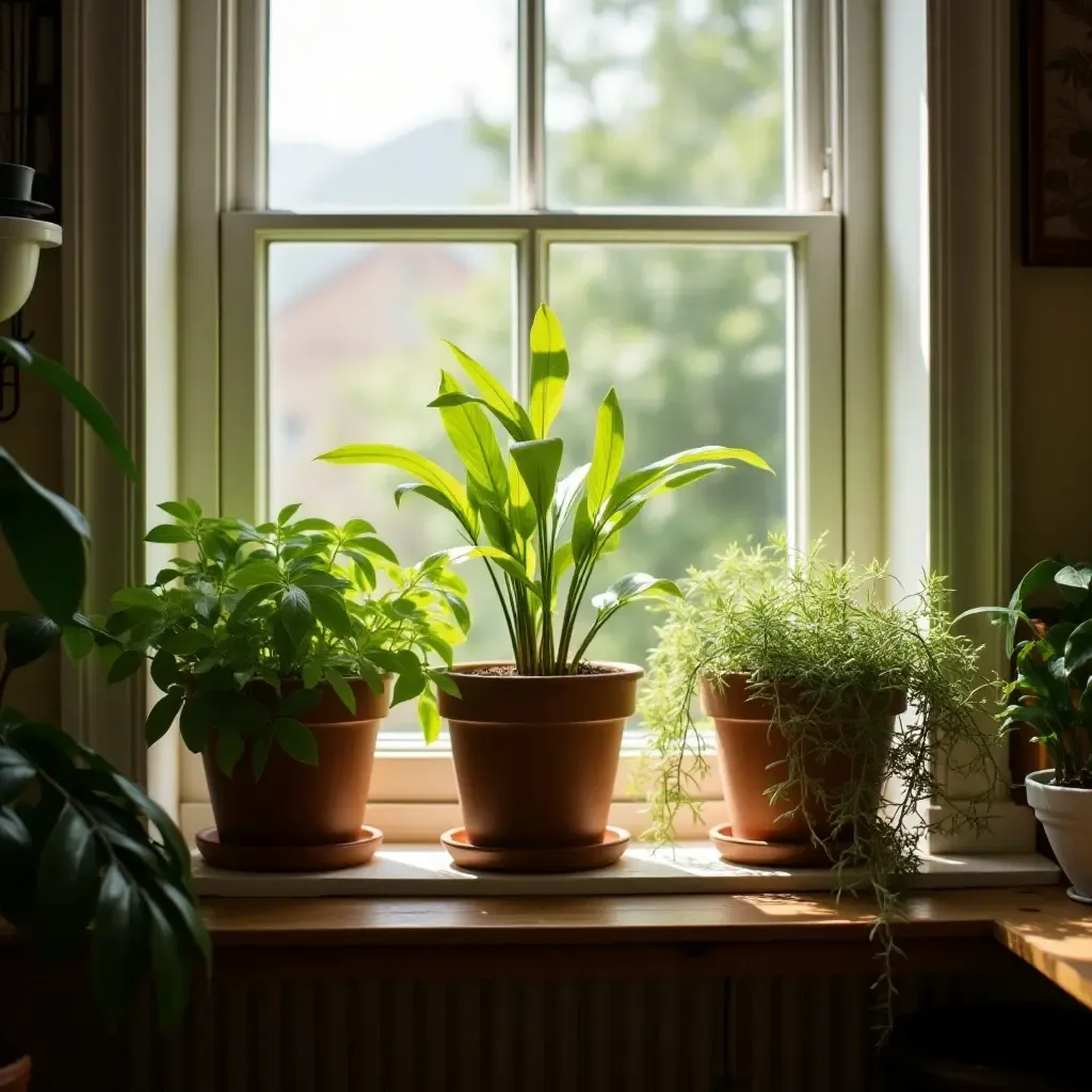 a photo of a cheerful indoor plant arrangement in a sunny window