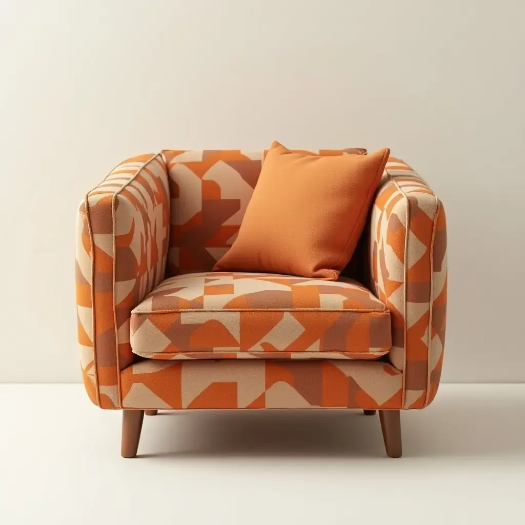 a photo of a modern armchair with geometric patterns and a warm color palette