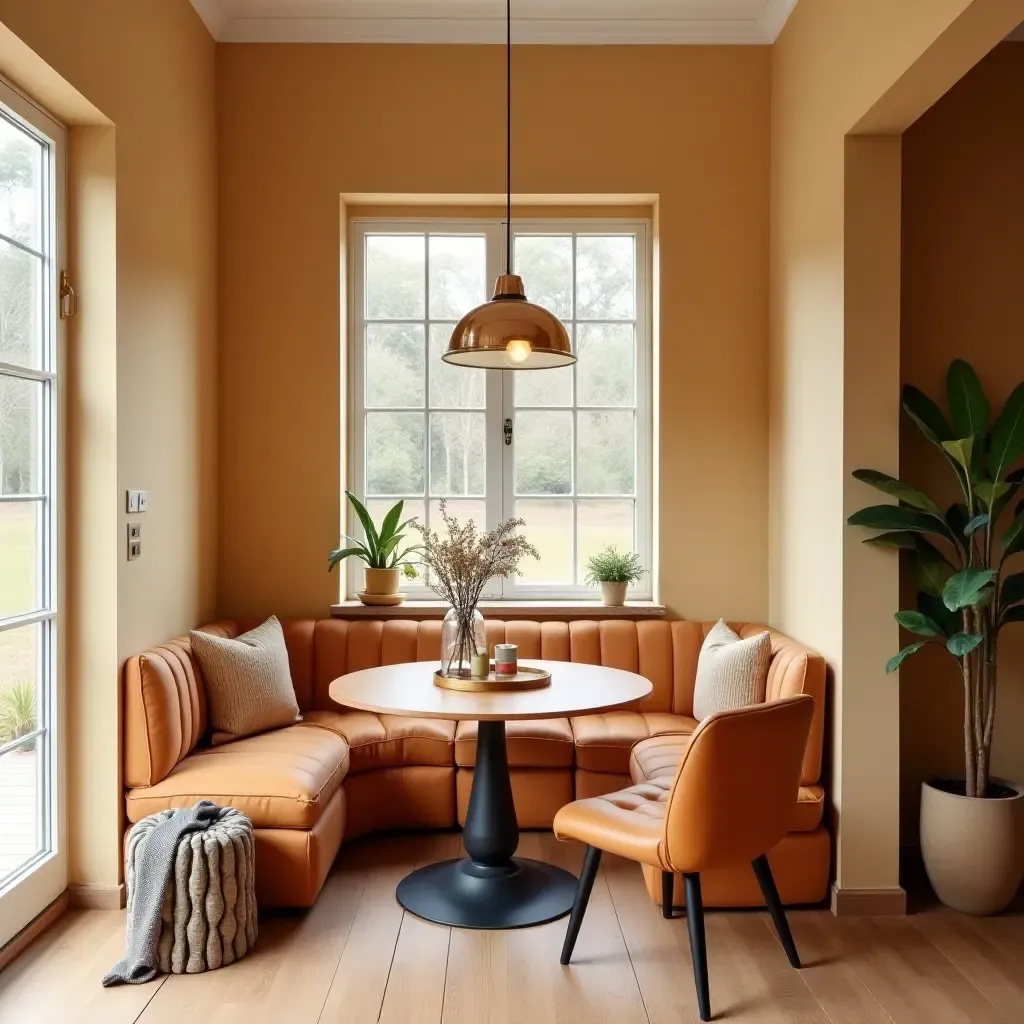 a photo of a breakfast nook with a warm color scheme and inviting atmosphere