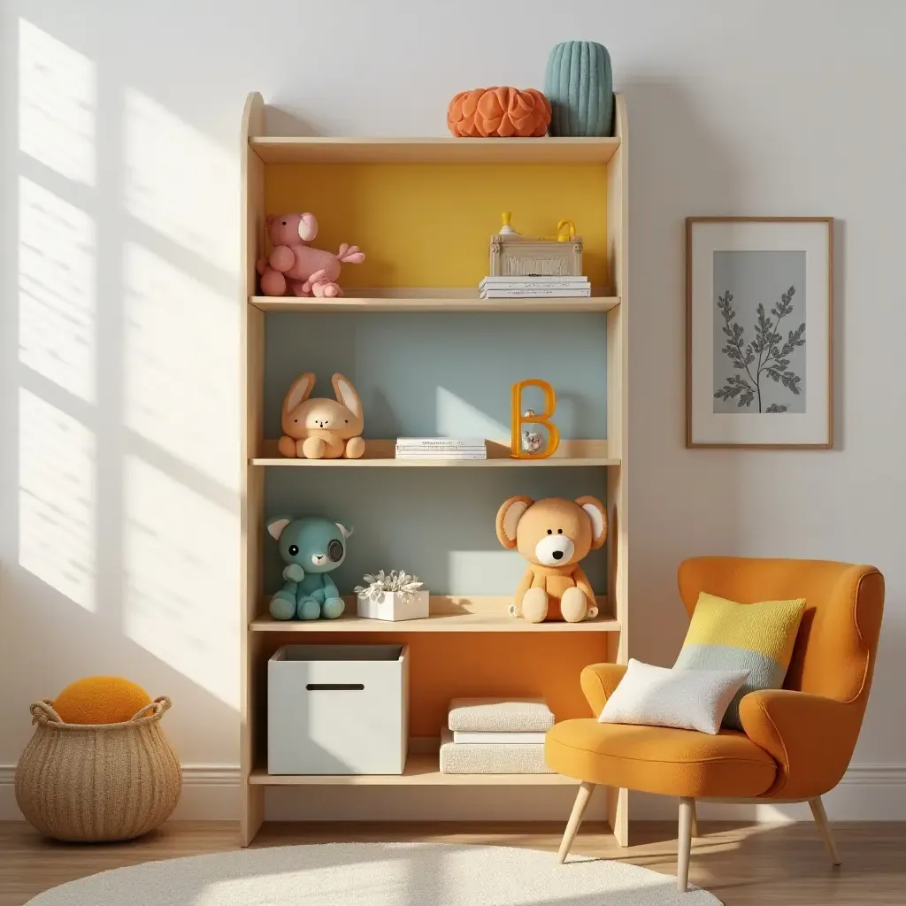 a photo of a playful nursery shelf with hanging storage and vibrant accents