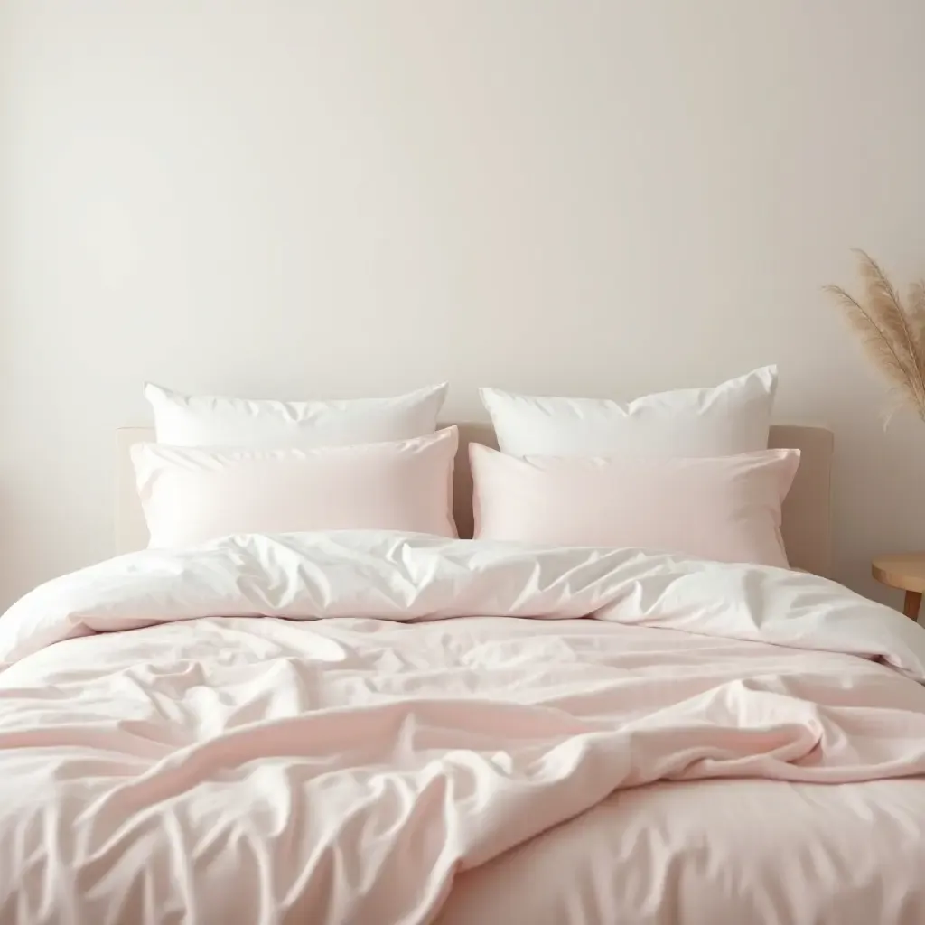 a photo of a dreamy bedroom with soft pastel linens and pillows