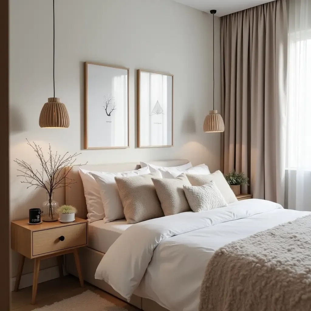 a photo of a serene teen room with Scandinavian design, featuring a bed with fluffy pillows