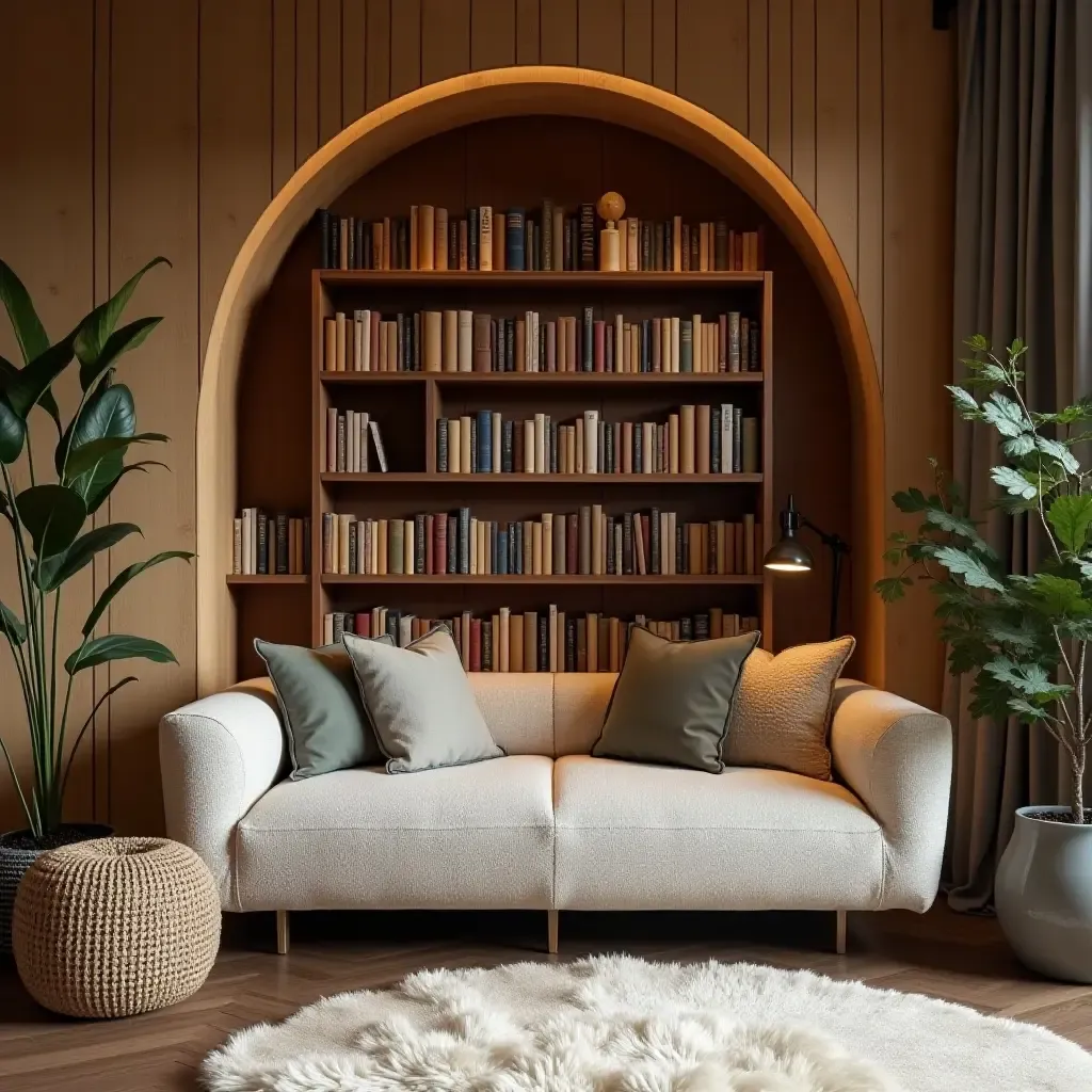 a photo of a cozy reading nook with a bookshelf and plush seating