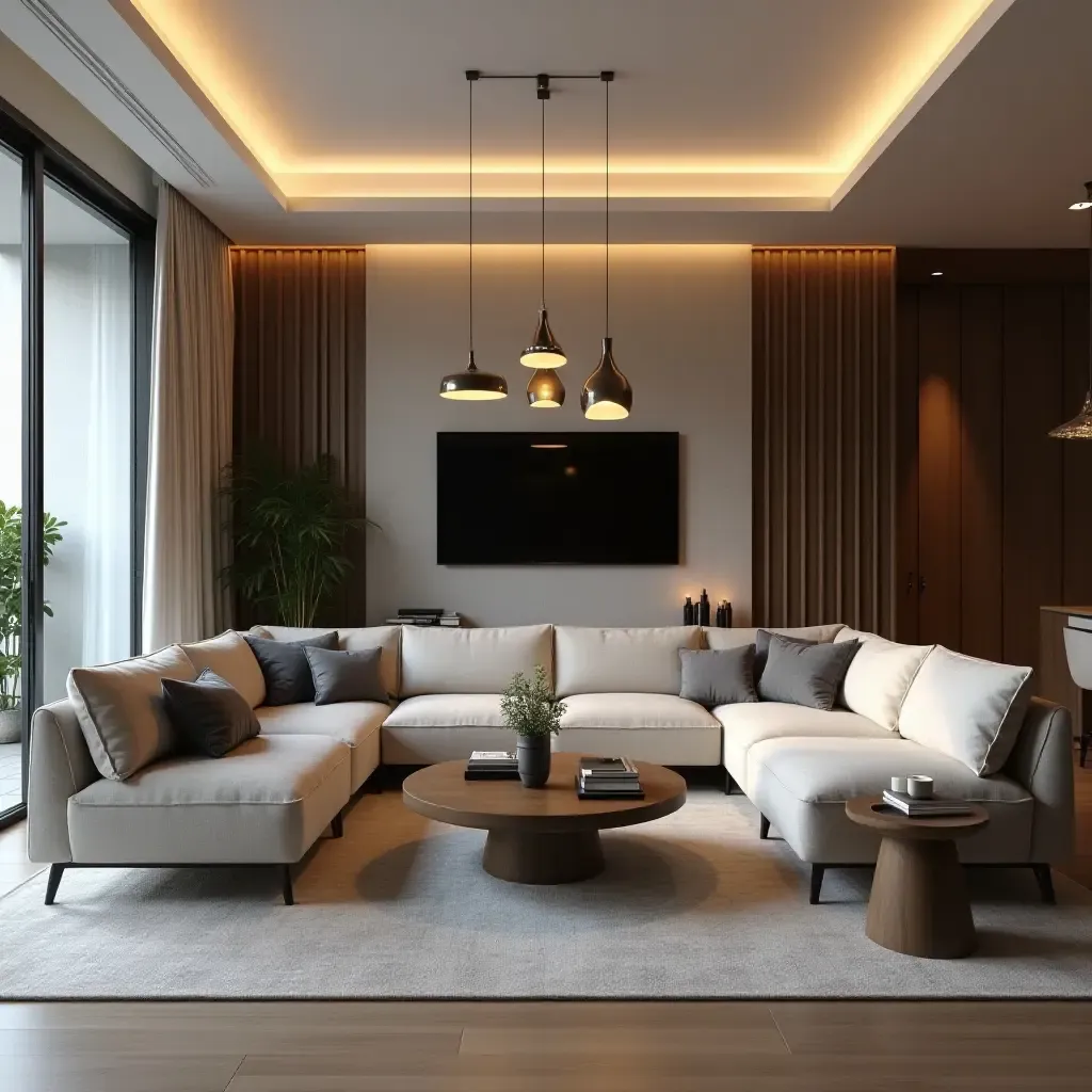 a photo of a tech-savvy living room with modern pendant lights and smart home features