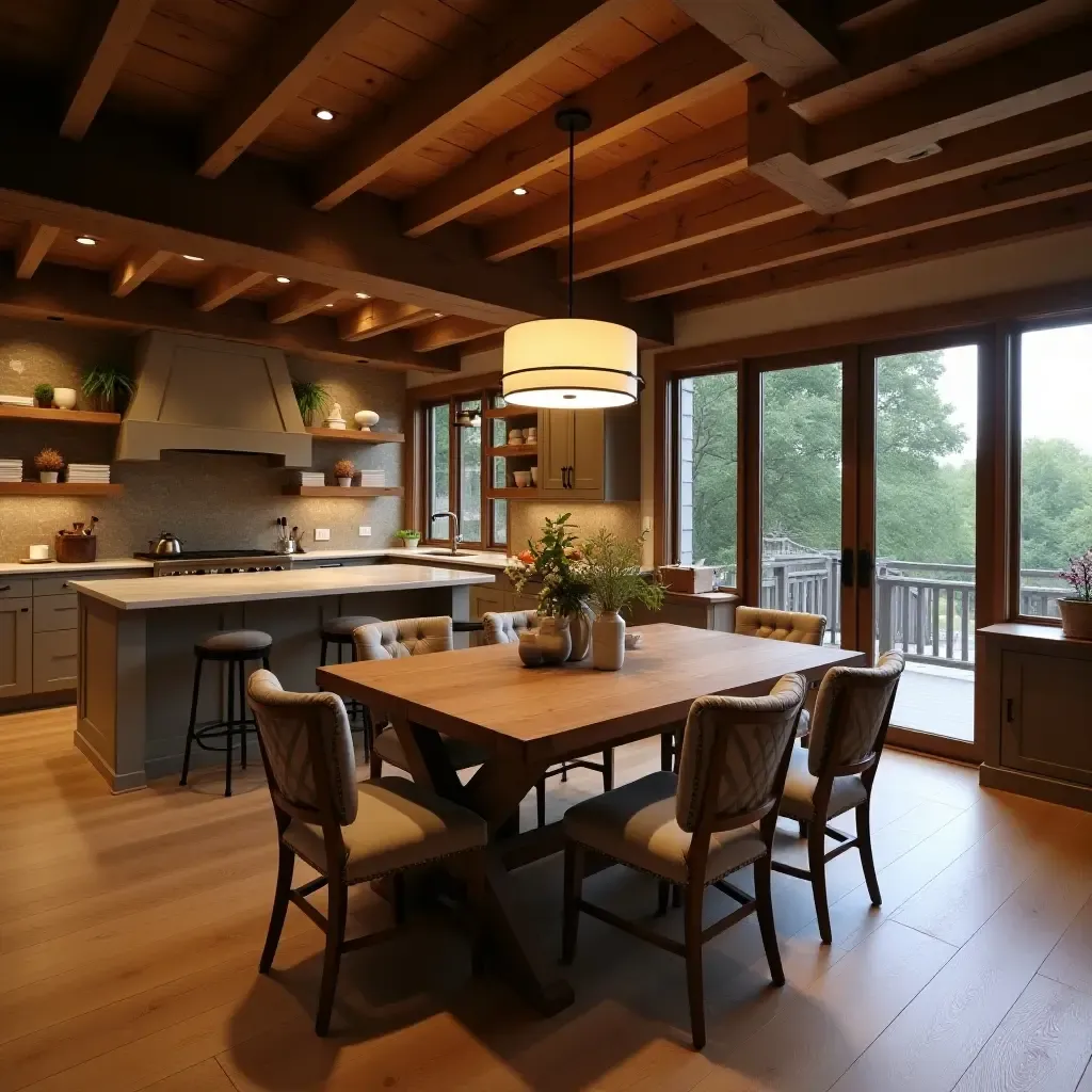 a photo of a rustic basement dining area with a farmhouse table and chairs